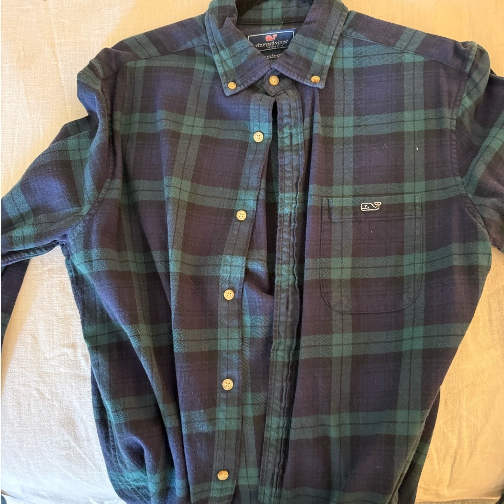 Vineyard Vines Navy and Forest Plaid Shirt